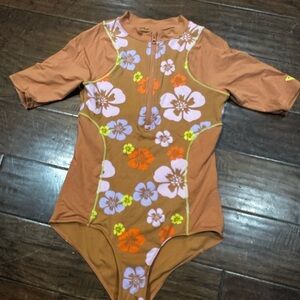 Roxy Brown Floral Short Sleeve Zip Front One-Piece Swimsuit